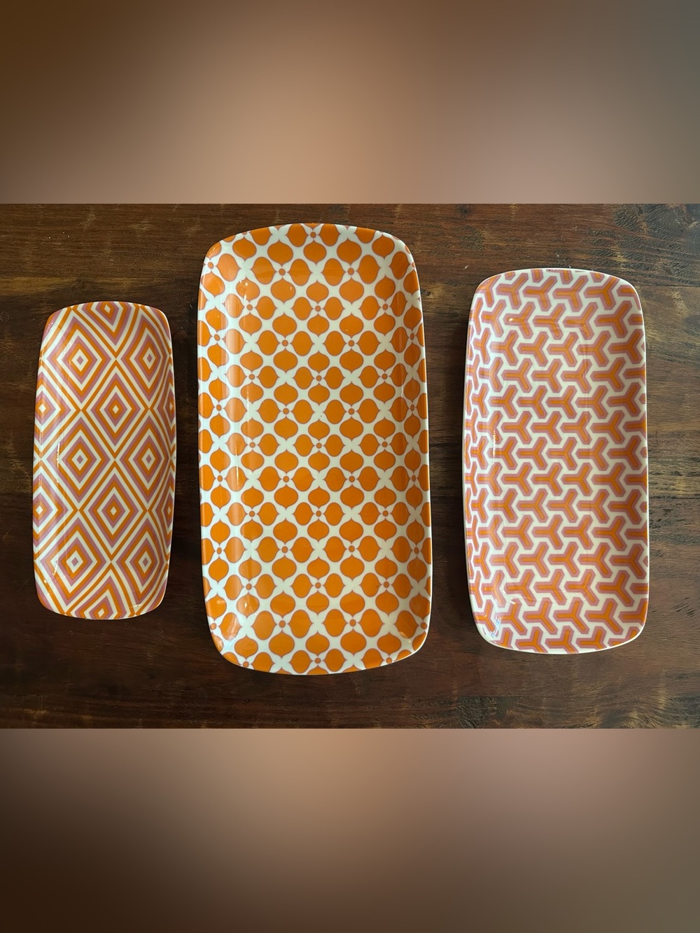 Jonathan Adler Orange and White Patterned Ceramic Trays - Set of 3